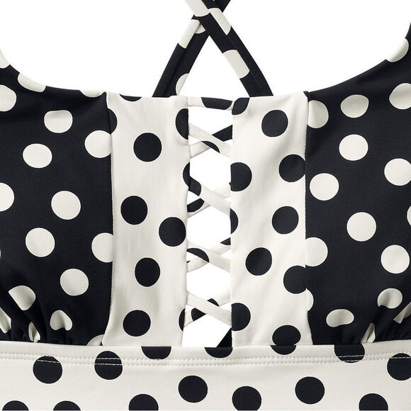 Land's End lace up flutter tankini suit top black egret polka dots size Various - Picture 4 of 5